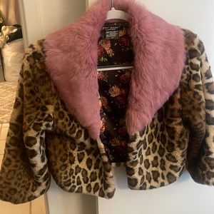 BETSEY JOHNSON VINTAGE LEOPARD CROPPED RABBIT FUR COLLAR JACKET SIZE S/M